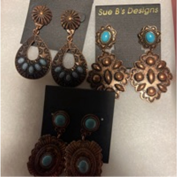 NWT dangle drop western earrings copper colored blue stone - Picture 2 of 4